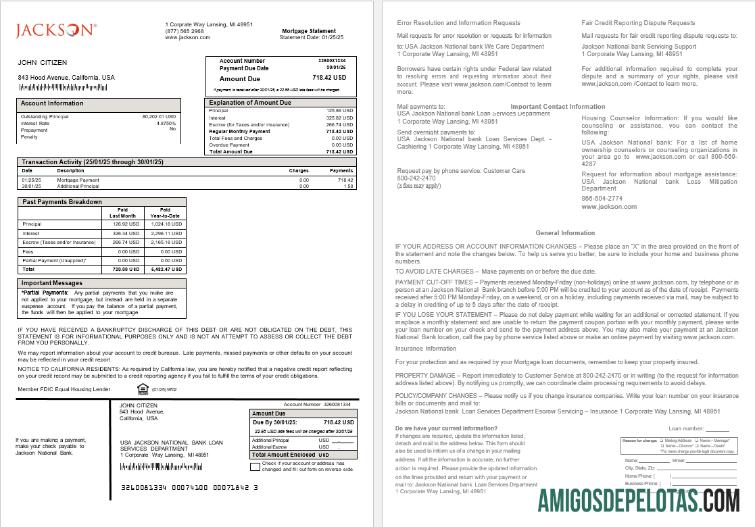 Extrato de hipoteca do Jackson National Bank dos EUA em formatos Word e PDF exemplo
